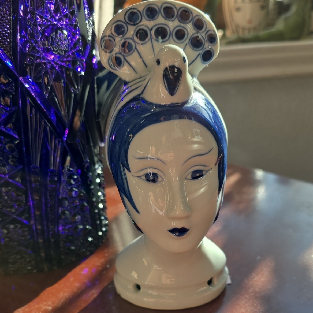Elegant Blue and White Ceramic Peacock Head Art Deco Sculpture
